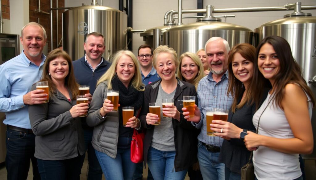 Happy visitors enjoying Hawkstone brewery tours experience