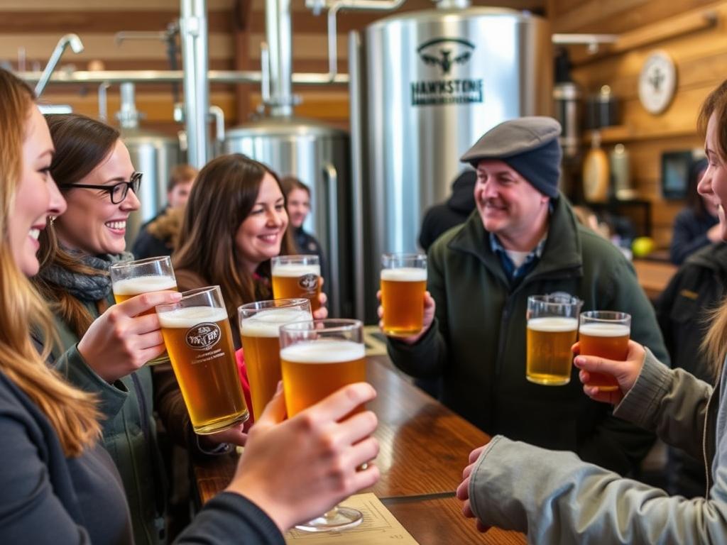 Visitors enjoying beer tasting during Hawkstone brewery tour